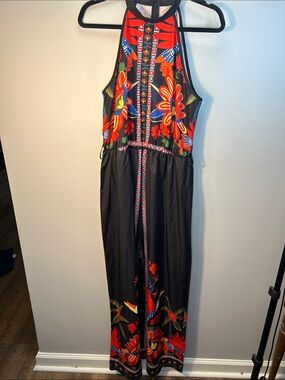 Halter Floral Print Jumpsuit in Black and Red